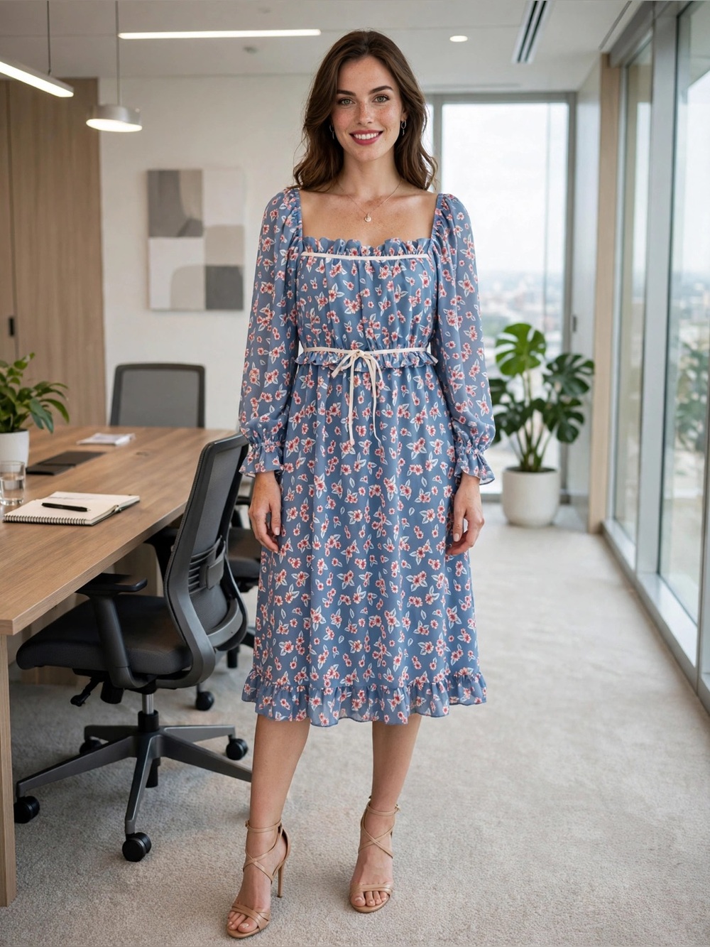 Cato Light Blue Floral Long-Sleeve Tie-Waist Dress